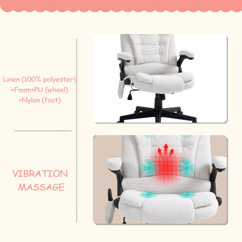 Fauteuil de bureau durable et pratique en lin massant avec chaleur, dossier haut inclinable, accoudoirs rembourrés, télécommande