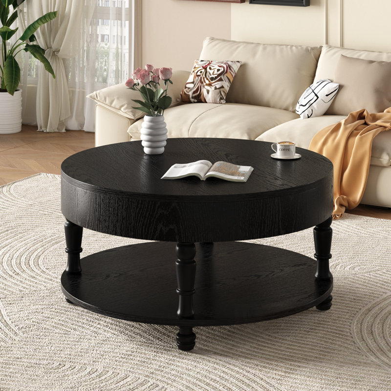 Latitude Run® Round Coffee Table with bottom shelf and flip top storage ...