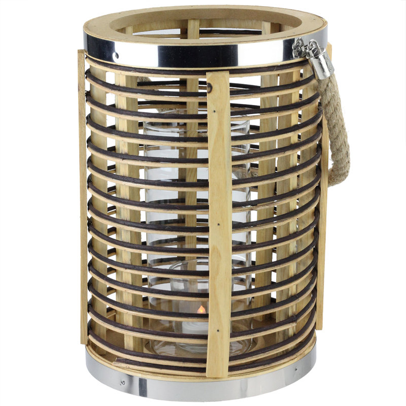 Rustic Chic Cylinderical Rattan Decorative Candle Holder Lantern with Jute Handle, 11.5" H x 8" W x 8" D