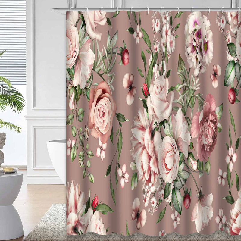 Papier peint fleurs avec feuilles exotiques et fleurs rose avec 12 crochets, L 72 po x l 72 po