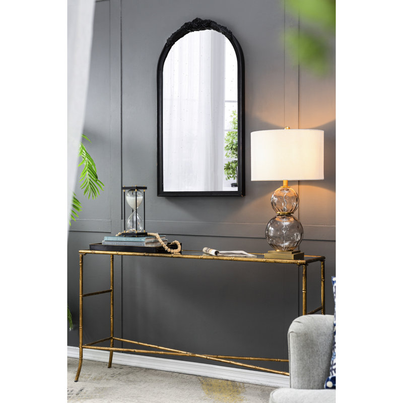 23 po. X 42 po. Salle de bain, salon, miroir de vestibule, cadre arqué en bois antique rose à la main, miroir noir avec rose