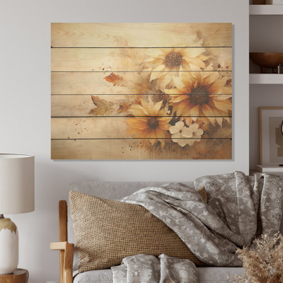 Minimalism Beige Sunflowers Efflorescence - Sunflowers Wood Art On Natural Pine Wood