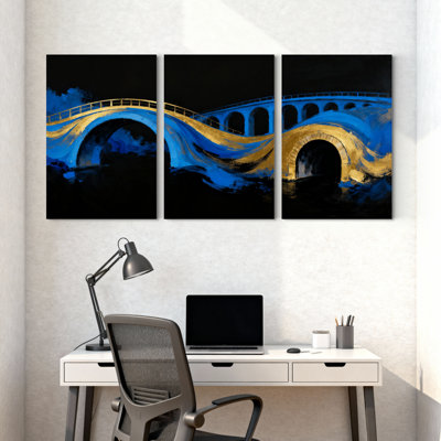 Cités et pays «Blue Gold Bridge Wave», ensemble de 3 reproductions d'art sur toile