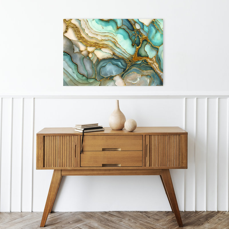 Affiche murale abstraite et moderne aux tons turquoise fluides, paysage naturel, H 16 po x l 24 po