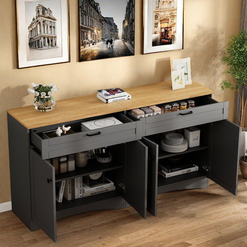 Farmhouse Sideboard With Adjustable Shelves And Rustic Handles, Gray