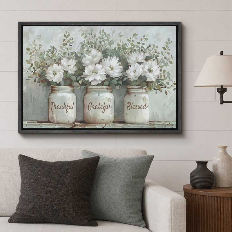 «Thankful Grateful Blessed Inspirational Green Floral Rustic Mason Jar», grande impression sur toile, H 24 po x l 36 po