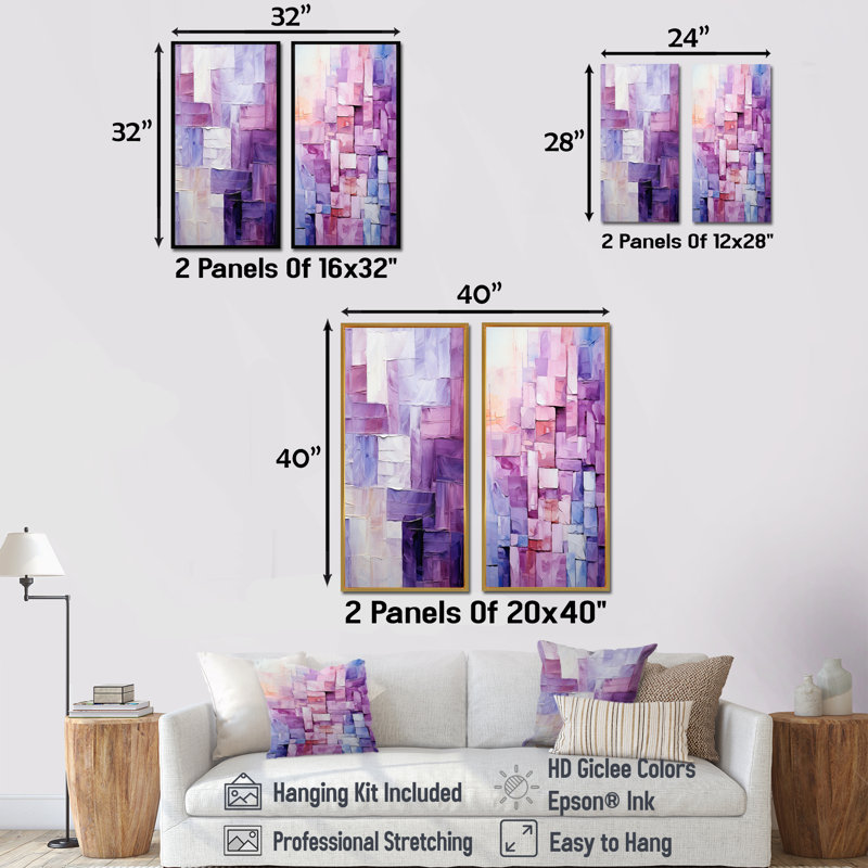 Lilas treillis formes abstraites - ensemble de 2 reproductions d'art sur toile, Encadrement brun, H 28 po x l 25 po