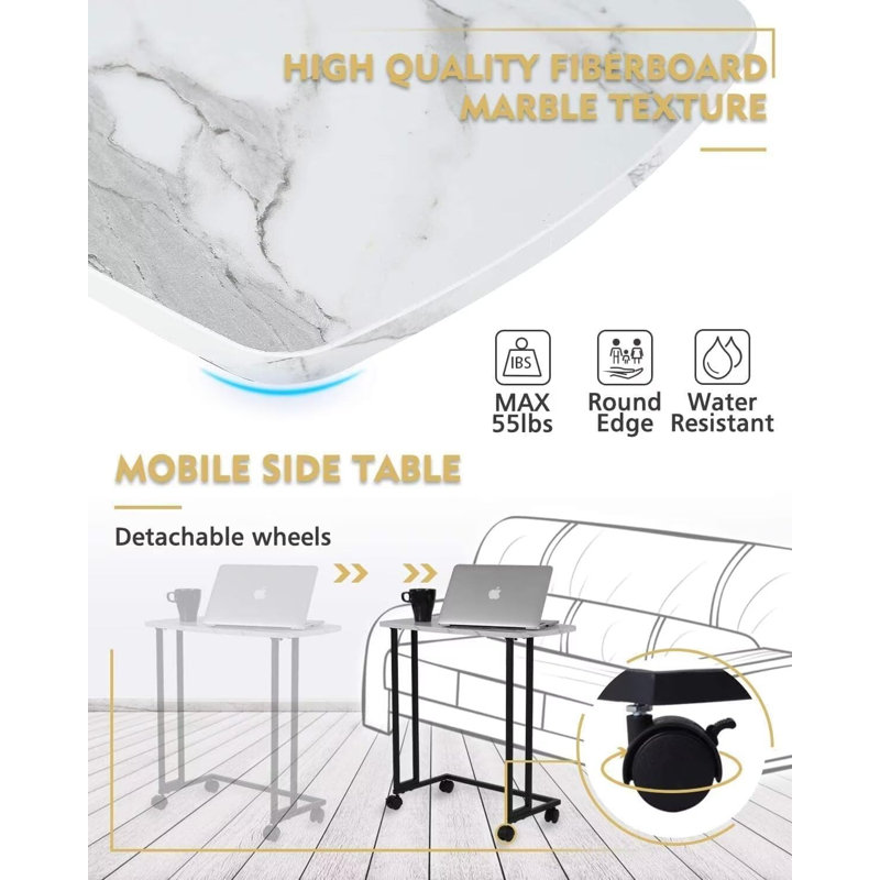 Computer Desk Table With Detachable Wheels And Metal Frame, White Marble Texture Sofa Table, For Living Room, Bedroom, Bedside, White