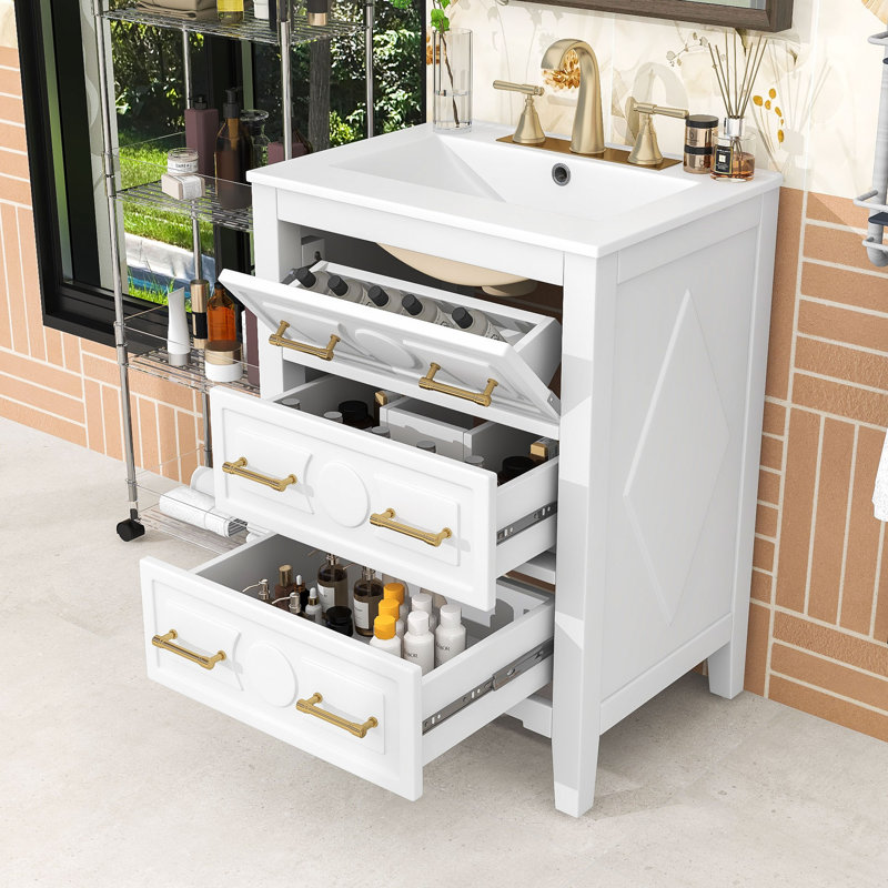 Élégant meuble-lavabo en bois avec tiroirs et lavabo, Blanc