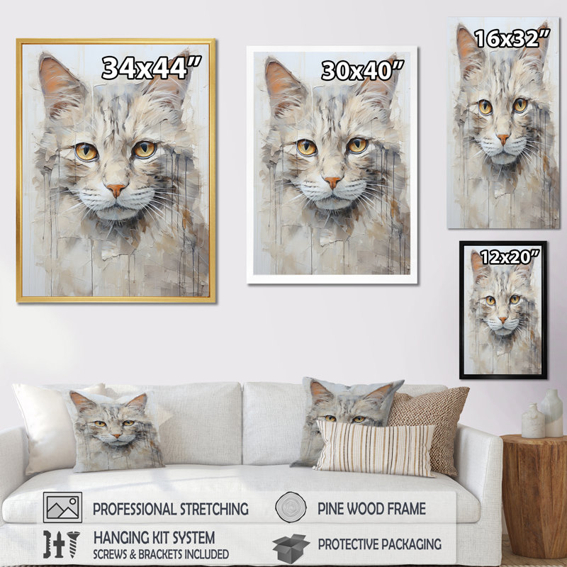 Minimalisme, portrait de chat beige - impressions murales de chat, H 20 po x l 12 po x P 1 po, Cadre flottant doré