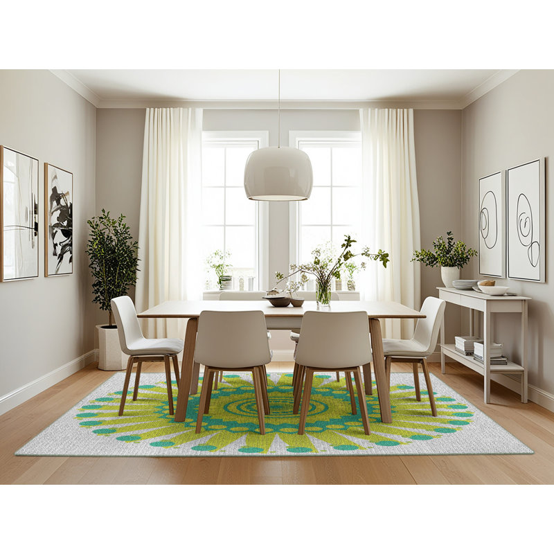 Laine tissée à la main et polyester gris/vert/jaune Tapis décoratif, Rectangle 7 pi x 10 pi