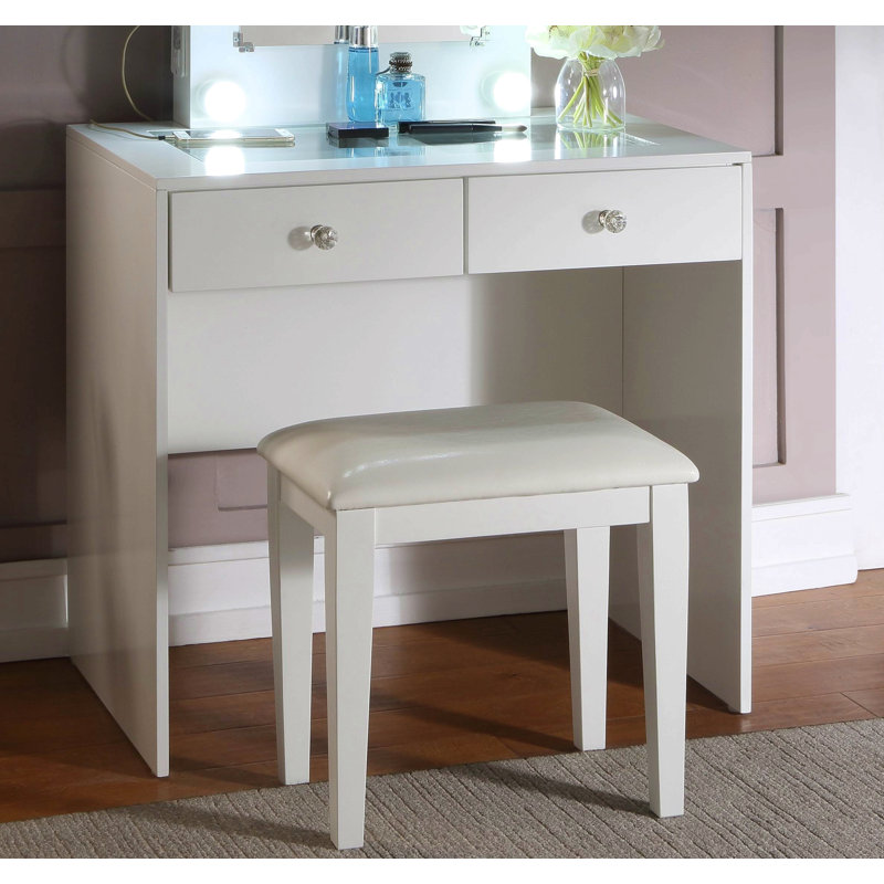Makeup Vanity And Stool Set With 10 Lights And Usb Port And Power Outlet, 2X Drawers Luxurious Style Furniture, White