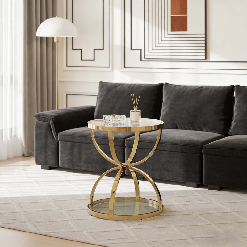 19.69" Glass Side Table with 2 Tiers, Ring-Shaped Frames, Gold