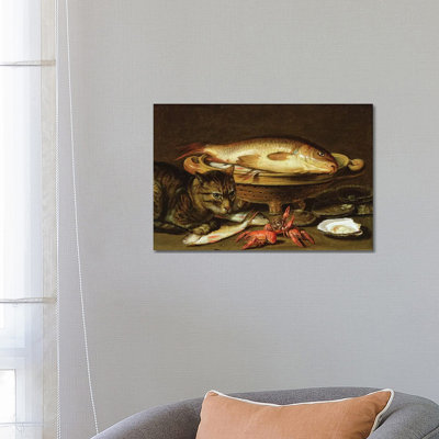 A Still Life with Carp in a Ceramic Colander, Oysters, Crayfish, Roach, and a Cat on the Ledge Beneath 1 Piece Wrapped Canvas Painting