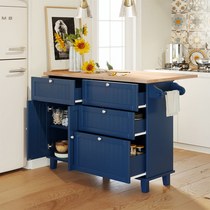 Farmhouse Kitchen Island Set With Drop Leaf, 2 Seatings, And Ample Storage For Modern And Cozy Dining, Blue