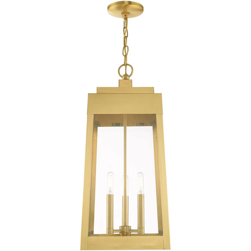 3 Light Outdoor Pendant Lantern with Clear Glass Shade, 24.50" H x 10.50" W x 10.50" D,  Satin Brass