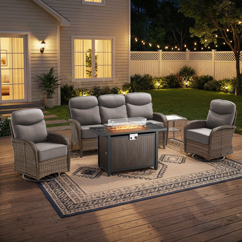 Ensemble de mobilier d'extérieur en osier toutes saisons 5 pièces Totnes avec canapé et fauteuils pivotants, Gris