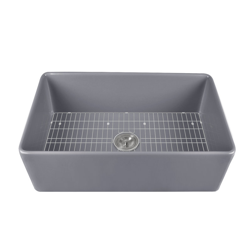 Grove 33" L X 18" W Rectangular Single Bowl Fireclay Farmhouse Kitchen Sink with Grid and Strainer, Gray