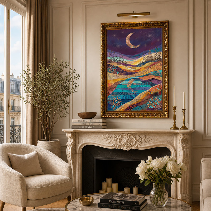 Toile étoilée, paysage avec croissant de lune et montagnes à motifs, H 24 po x l 16 po