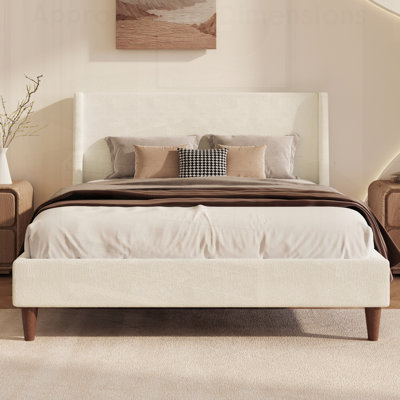 Modern Upholstered Platform Bed with Wingback Headboard, Walnut Legs, No Box Spring Required