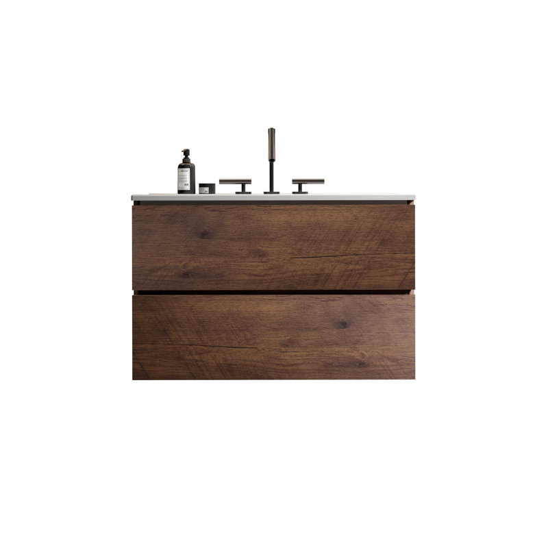Meuble-lavabo mural en noyer de 30 po avec lavabo en céramique avec trois trous de robinet, grand meuble-lavabo flottant de rangement pour salle de bain moderne, lavabo une pièce sans drain, pré-assemblé