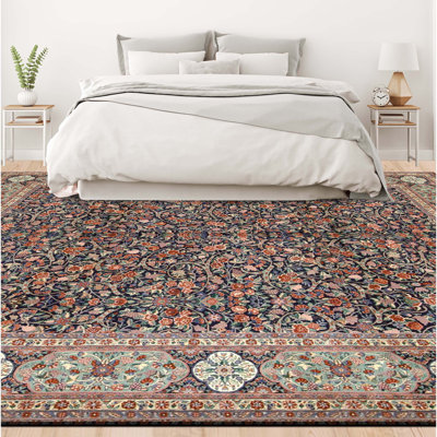 Tapis bleu marine et vert de haute qualité noué à la main