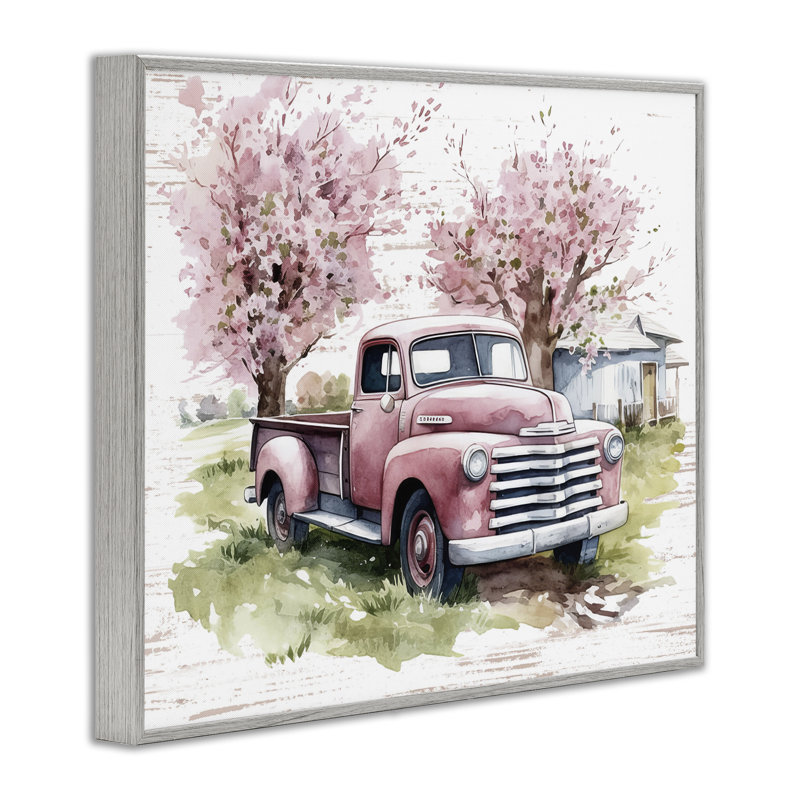 «Cherry Blossoms & Pickup», art de la giclée encadrée par lettres et lignes, H 24 po x l 30 po, Estampe numérique Farmhouse