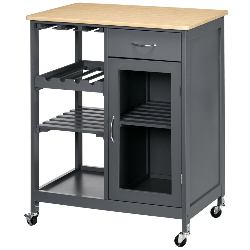 Rolling Kitchen Island With Storage, Kitchen Cart With 4-Bottle Wine Rack, Bar Cart With Stemware Holder, Shelves, Light Gray