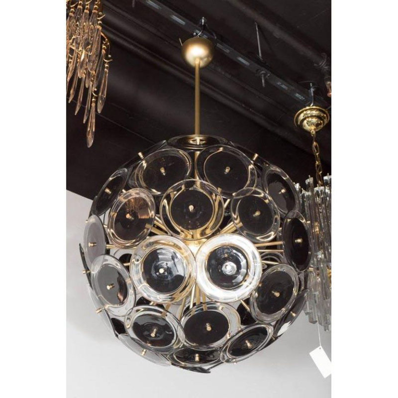 Alan Mizrahi Lighting Vistosi Disque de plafond style globe Murano Lustre, Laiton poli, Transparent