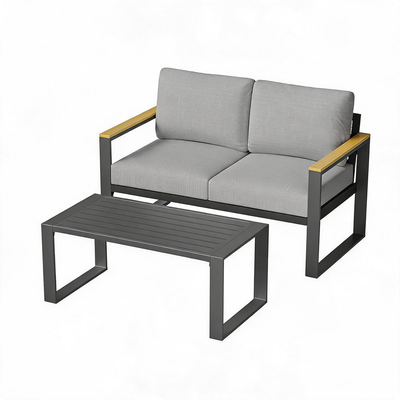 Ensemble de conversation moderne 2 pièces en aluminium pour patio, canapé 2 places + table basse - Structure résistante aux intempéries et à la rouille - Coussins épais lavables - Montage facile