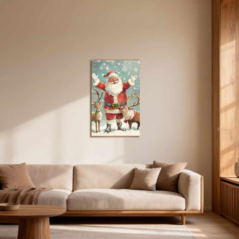 Noël père Noël avec des rennes dans la neige, H 36 po x l 24 po