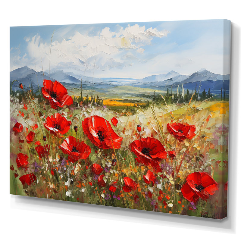 «Red Poppies Field In Mountain I», reproduction sur toile, H 34 po x l 44 po x P 1,5 po, Toile tendue