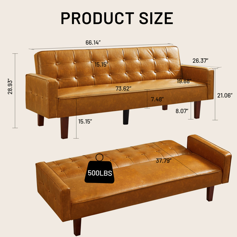 74.4'' Faux Leather Square Arm Sofa Bed,  Brown PU Leather, 66.14" W x 28.93" H x 37.79" D