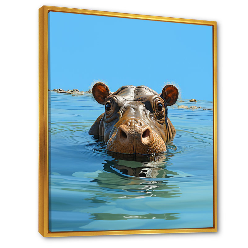 Gris, joyeux hippopotame - Hippopotame, art mural, Cadre flottant doré, 20" H x 12" W