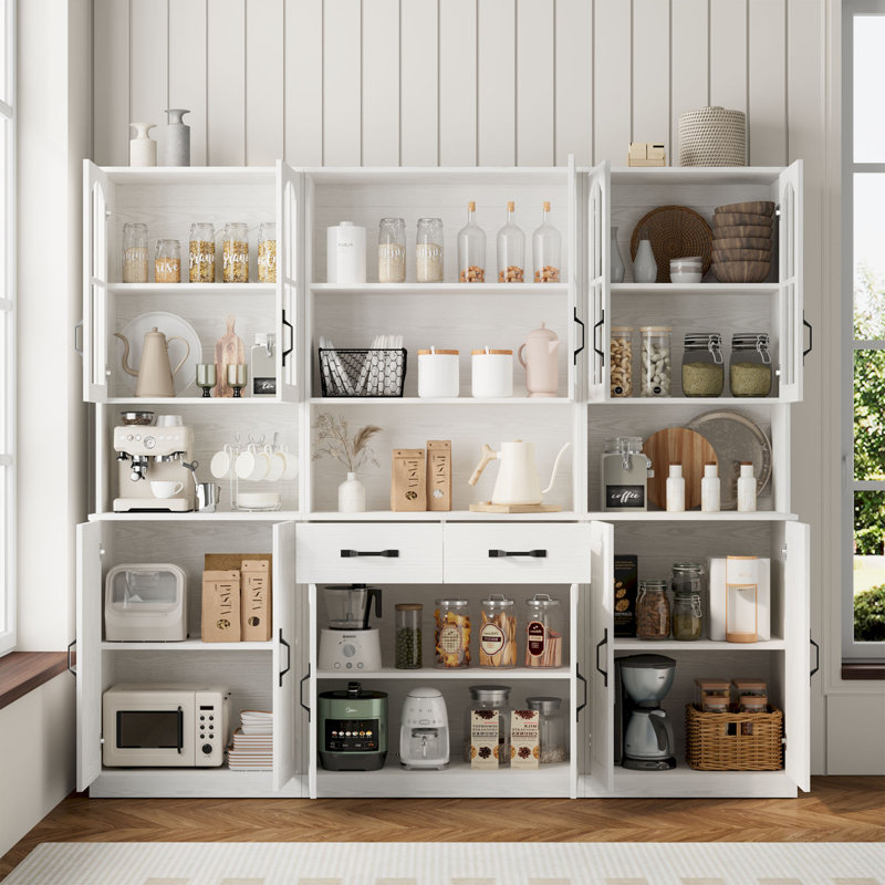 Garde-manger de style campagne moderne H 71 po x l 78,7 po avec portes arquées en verre et comptoir ouvert