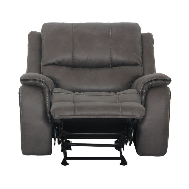 Transitional Style Dark Gray Finish Glider Recliner Arms Pillow Top Blocked Hardware Frame Fully Upholstered Primary Living Rom