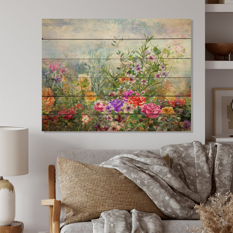 Impression multicolore de fleurs printanières IV - peinture sur bois sans cadre, H 24 po x l 36 po x P 1 po
