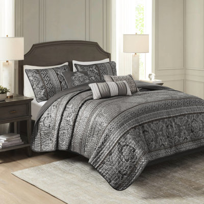 Très grand / très grand 6 pièces avec courtepointe grise, 2 taies décoratives, 3 coussins décoratifs, lavable à la machine - courtepointe grise, coutures, détails dorés, entretien