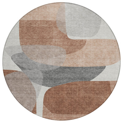 Tapis extérieur rond lavable abstrait 8 pi rouille et gris