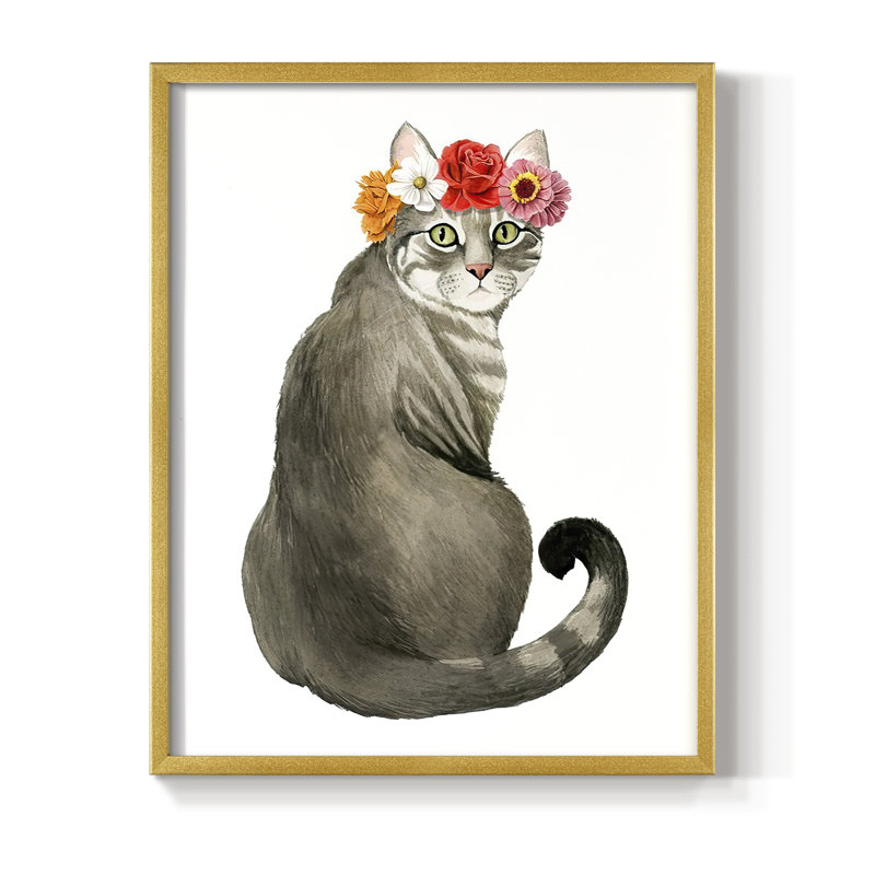 «Flower Crown Cats I», reproduction encadrée - bois massif, Or, H 14 po x l 11 po