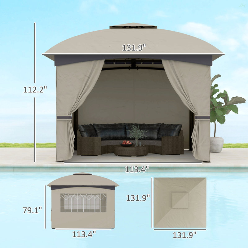Double Roof Patio Gazebo,Elegant Design Gazebo,With Curtains,Church Windows,For Outdoor, Light Gray