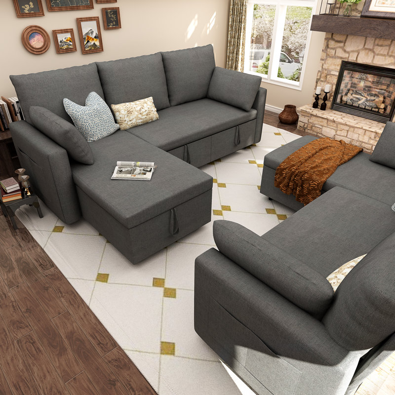 Sleeper Soft Bed,Pull Out Couch Bed with Storage Chaise,Iron Frame Soft Futon Sofa(Linen L-Shape,Dark Gray), Dark Gray Linen