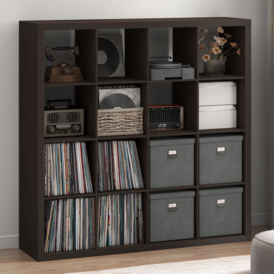 Support pour tourne-disque cubique avec rangement en vinyle, rangement pour disque vinyle triple de 16 cubes 1,8 po, tablette à dos ouvert pour CD, DVD, disque de jeu Blueray, pour salon, bureau personnel, chêne foncé noir