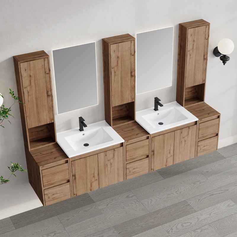 84" Floating Double Bathroom Vanity with Upper Cabinet, Ceramic Sink and Handle-Free Design, 84"