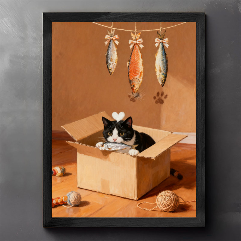 Black Framed Vintage Cats and their delicious dried fish Wall Art Retro Style Framed Prints, 11" H x 9" W