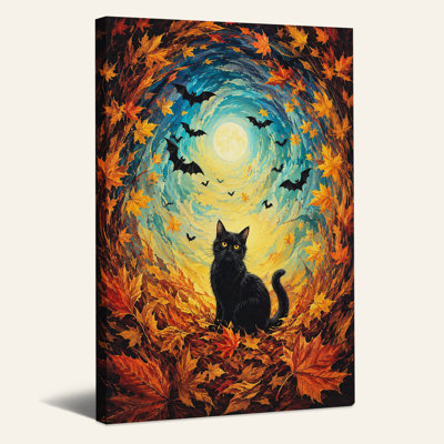 Art sur toile, "Chat noir" au milieu de feuilles orange tourbillonnantes et d'Halloween