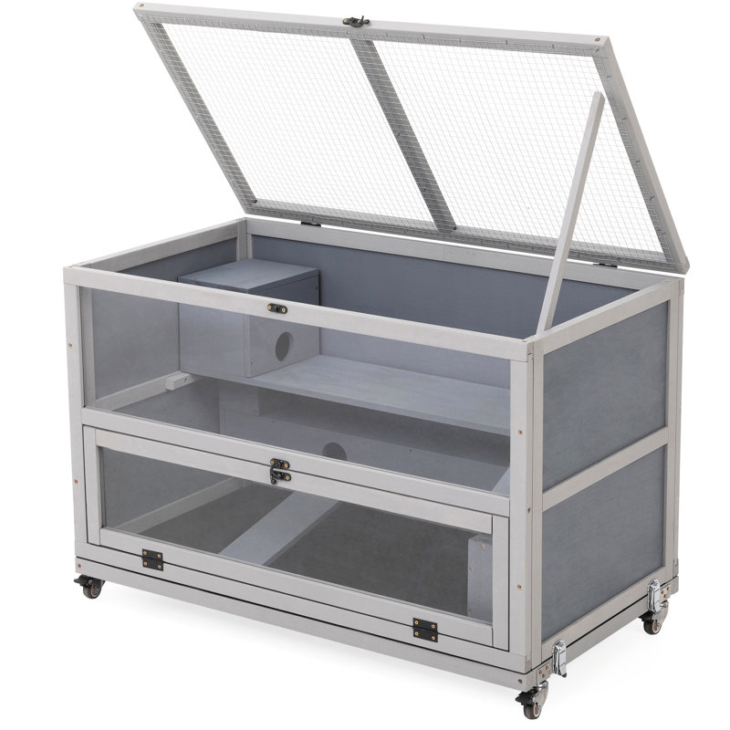 Cage à hamster en gris, plateau en bois avec plateau amovible, roulettes, plateau et façade ouverts, tunnel d'escalade équipé pour les tunnels gris d'activité et à l'avant - Rats de souris pour petits animaux idéaux, niveaux multiples