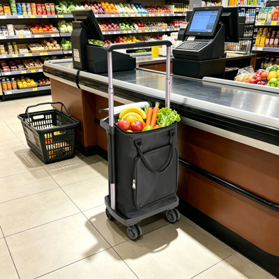 Black 2-in-1 Detachable Wheeled Grocery Trolley with Removable Insulated Cooler Bag 40L Foldable Shopping Cart with 360° Swivel Wheels & Telescopic Handle for Grocery Picnic Beach