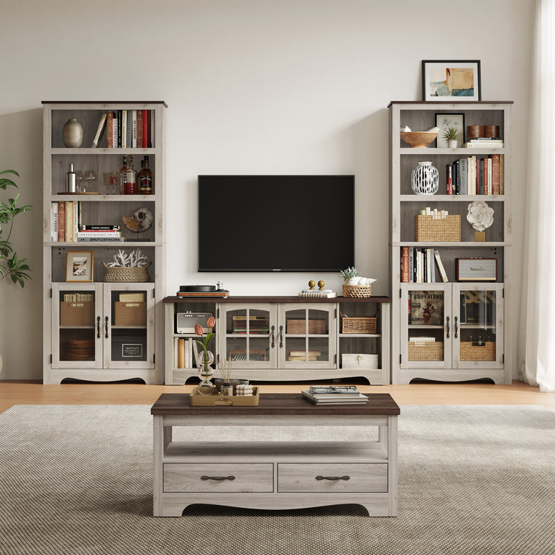 Callison Farmhouse Entertainment Center With Bookcases For 65'' TV, Modular Living Room TV Stand Set, Brown Wood