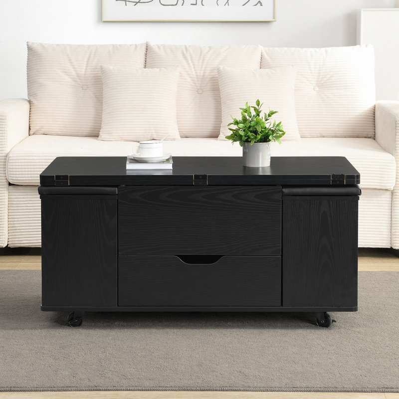 Table basse multifonctionnelle à plateau relevable avec rangement et tabourets cachés, table centrale multifonctionnelle avec 4 tabourets et roulettes, pour les espaces de vie